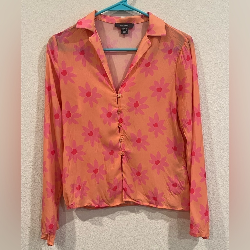 Primark orange and pink retro mod 70s Y2K flower button up shirt size 2